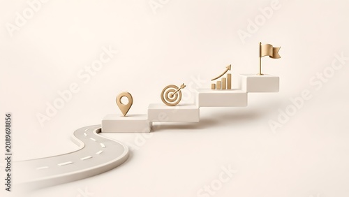 Elegant white and gold 3D roadmap on steps with business icons symbolizing corporate strategy and goal achievement