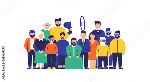 A diverse group of people standing together, representing community, social gathering, and collective action.