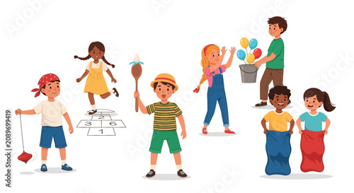 Diverse children playing classic outdoor games: hopscotch, sack race, spoon race, balloon toss, spinning top