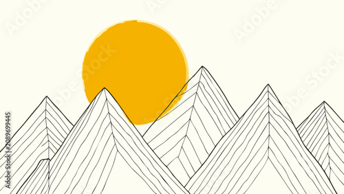 Photos Minimalist illustration of sun and mountains with linear details against a pale
