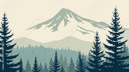Canvastavla Stylized illustration of a mountain range and evergreen forest with a muted colo