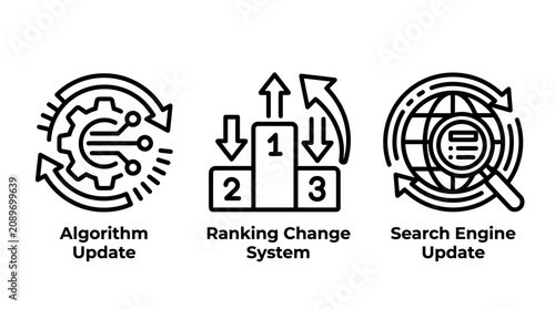 Search engine algorithm update and ranking system icons with algorithm business optimization settings positions internet management marketing statistics technology performance analysis