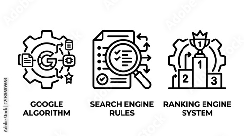 Search engine ranking and algorithm rules vector icon set with algorithm business optimization settings magnifying management marketing technology performance analysis development planning