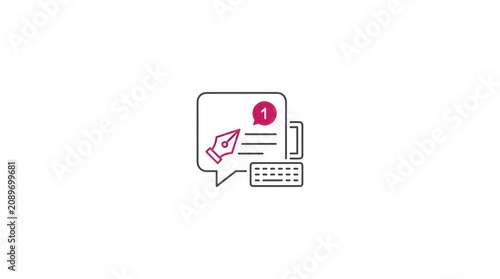 Digital icon showing fountain pen tip writing on paper within notification chat bubble.