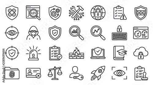 Foto Cyber security and legal protection outline icons.