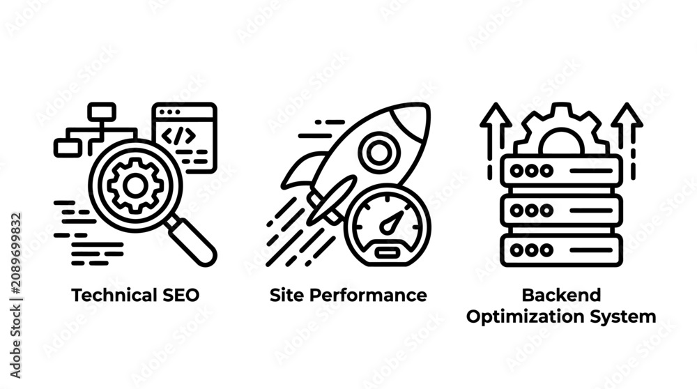 Fototapeta premium Technical SEO performance and backend infrastructure optimization icons with technical performance optimization infrastructure development programming analysis speedometer database technology