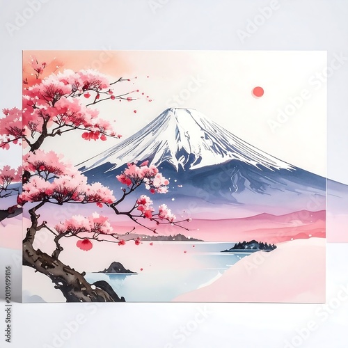 Cherry blossoms floating over snowy mountain landscape.