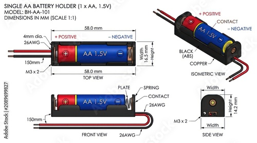 Single aa battery holder technical diagram with dimensions and specifications in millimeters.