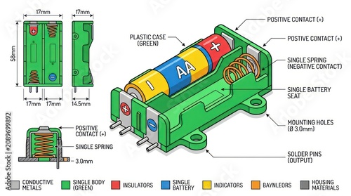 Green dual aa battery holder technical schematic with dimensions and mounting pin details.
