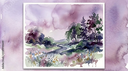 Impressionistic watercolor landscape painting featuring purple hills, forest trees, and a winding path