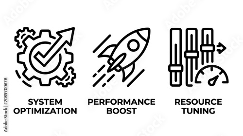 Conceptual icon set for system optimization performance boost resource tuning gear rocket gauge graphics for software and hardware maintenance with optimization performance maintenance software