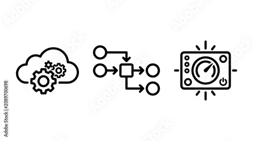 Cloud computing process and performance optimization line icons with computing performance optimization workflow dashboard technology management automation development infrastructure