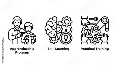 Apprenticeship program and practical vocational skills training icons with apprenticeship training vocational education learning practical technical workplace development knowledge industry