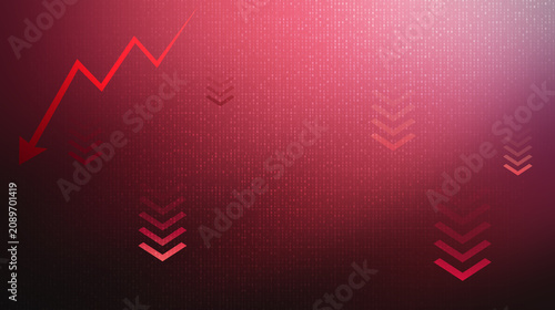 Tableau sur toile Economic Downturn: A red arrow charting a sharp decline, symbolizing financial recession, with down arrows scattered across a dark, textured background, conveying loss and a negative market trend