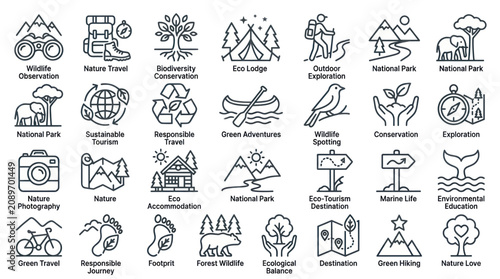 Quadro su tela Ecotourism and nature conservation travel icon set