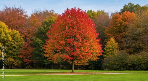 Beautiful autumn landscape with vibrant red orange and yellow trees in a park during fall season with lush green grass and clear sky background for seasonal outdoor scenes