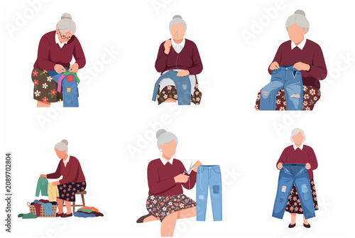 Foto Flat Illustration Set of a Senior Woman Mending and Upcycling Denim Jeans, Repai