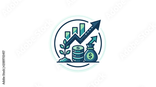 Financial Growth Icon: Money Bag, Stacked Coins, Plant, Bar Chart, Upward Arrow