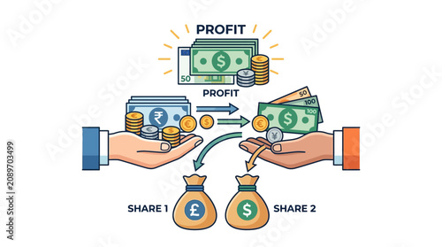 Financial Investment and Profit Sharing Illustration: Money Exchange and Growth