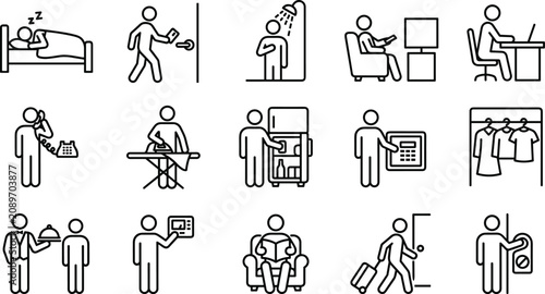 Принти на полотні Set of simple black line icons showing hotel guest activities like sleeping show