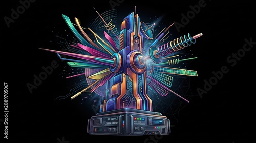 Conceptual digital radio frequency station unit with abstract antennae and electronic parts.