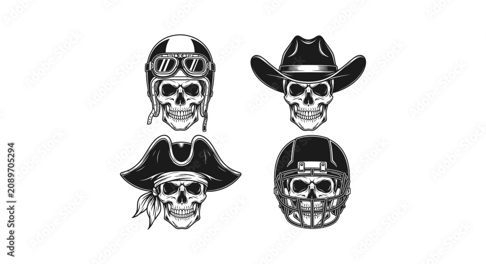 Fototapeta premium Skull wearing different hats illustration