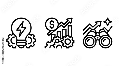 Financial growth and business innovation icons featuring creative ideas revenue increase and market vision financial innovation business strategy binocular creativity analytics development