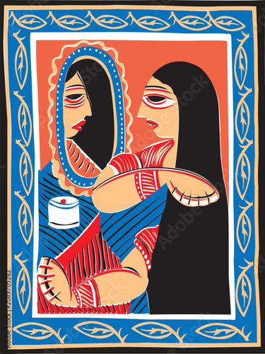 Traditional Bengali Woman Looking into Mirror Folk Art Illustration, Modern Patachitra Style Painting of a South Asian Woman in Saree