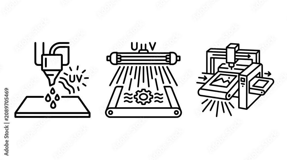 Fototapeta premium Uv printing technology process icons featuring industrial machinery curing and precision inkjet application printing technology industrial machinery production graphics illustration equipment