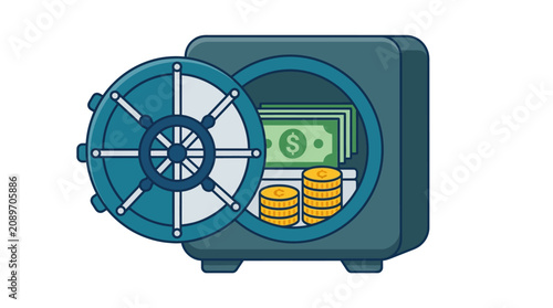 Open Safe Full of Money and Gold Coins, Secure Deposit Box, Financial Security
