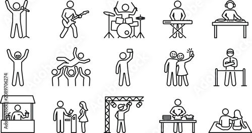 Foto Set of music festival icons featuring people performing playing instruments crow
