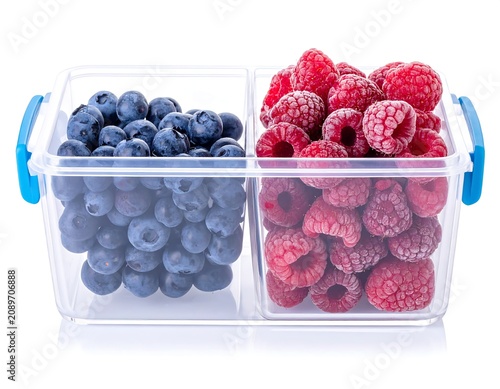 Fresh blueberries and raspberries in clear plastic containers.