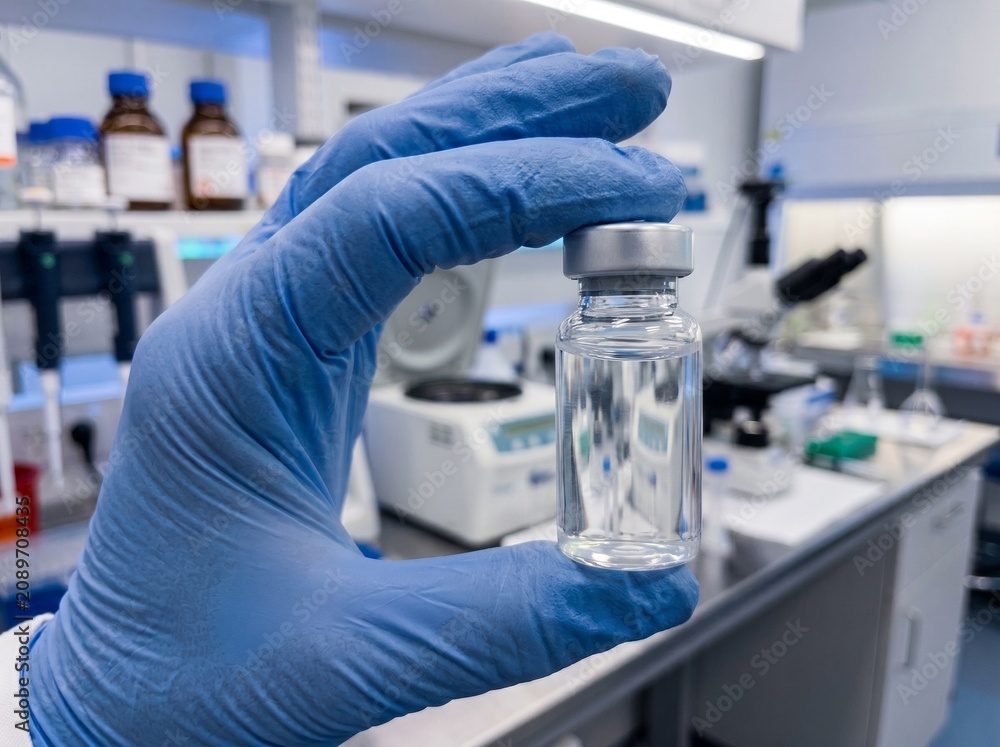 Fototapeta premium Scientist Hand In Blue Glove Holding A Clear Glass Medicine Vial In Laboratory, Pharmaceutical Research And Vaccine Development Concept