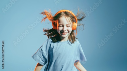 Young girl happily listening to music with orange headphones