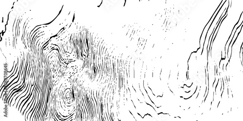Abstract black and white wood grain texture background with distressed organic concentric swirl patterns and line art.