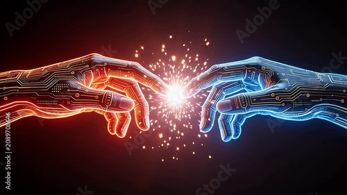 Two glowing circuit hands touching