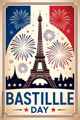 Vintage Festival Poster with Fireworks Over Landmark Tower and Cityscape Illustration