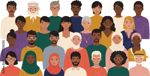 A diverse group of people standing together representing community unity multiculturalism and social inclusion in a flat vector illustration style on white background