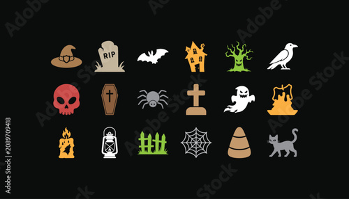 Bild auf Leinwand Halloween Icons Collection Flat Vector Illustration On Black Background