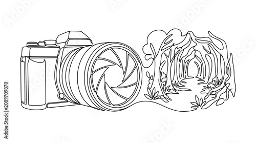 Obraz na płótnie Continuous Line Art: Camera lens opens to reveal a forest path, symbolizing nature photography and creativity