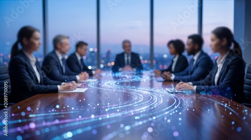 Corporate executives in boardroom with digital data flow visualization connecting team for strategic decision