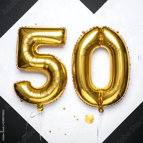 Golden number 50 decorative emblem on white fabric.