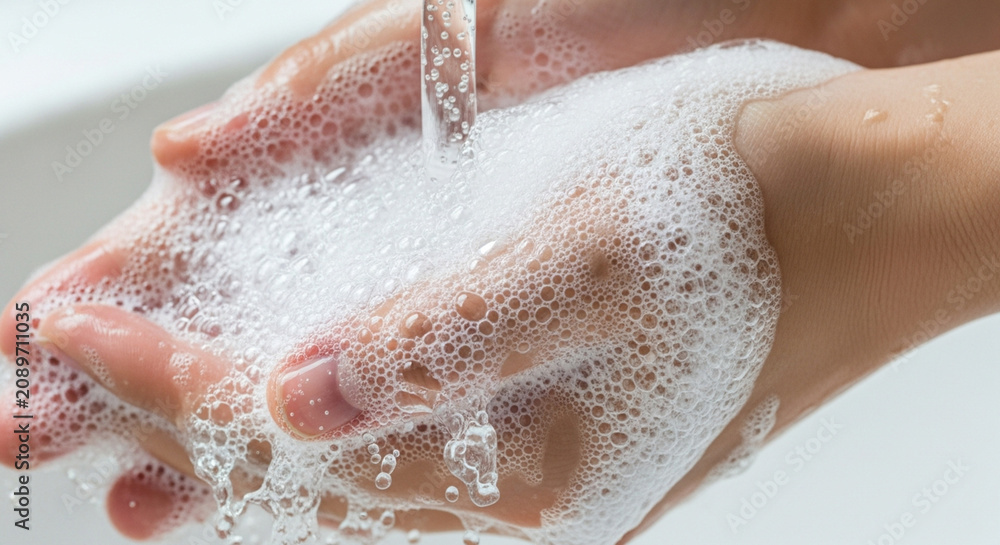 Fototapeta premium Fresh Water Washing Hands with Soap Bubbles, Hygiene Close-up