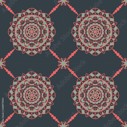 Canvastavla seamless pattern featuring circular geometric mandalas and floral motifs connected by dashed lines, with pink and mint green elements set against a dark gray background for textile design, clothing