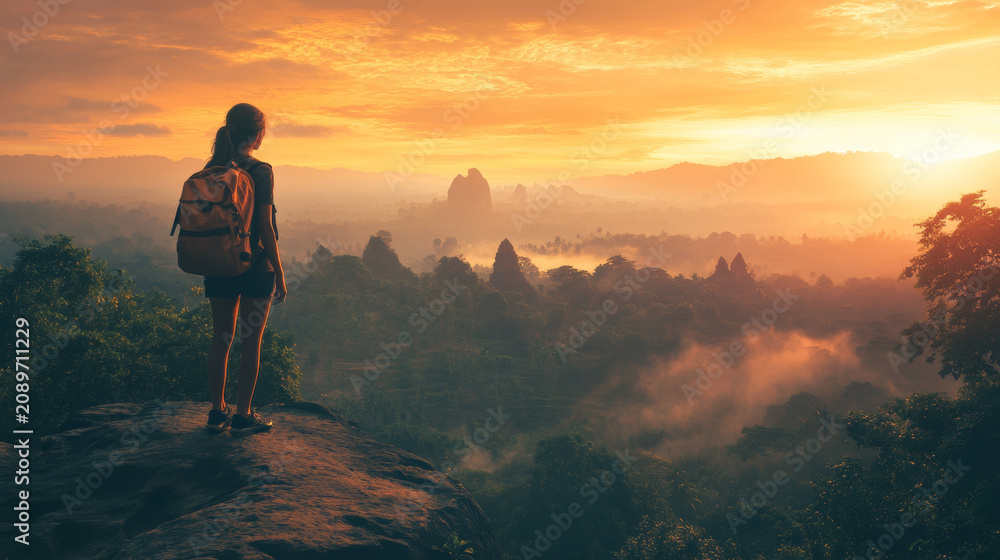 Fototapeta premium Young Female Backpacker Standing on Cliff Edge Watching Sunrise over Misty Tropical Valley and Forest