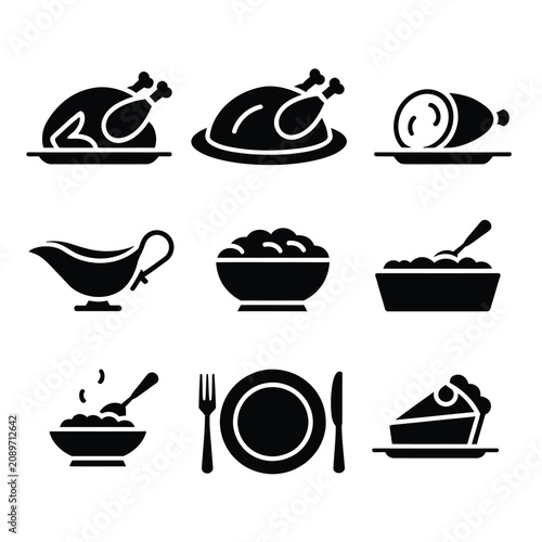 Black and white icons of various food and dish items on plates and bowls
