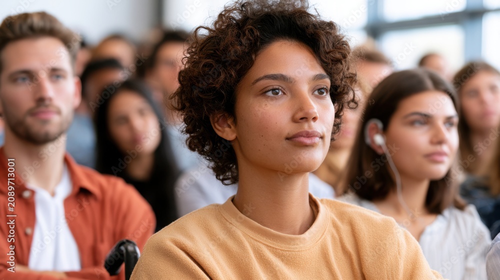 Obraz premium Young diverse students attentively listening during a lecture in a modern classroom with large windows and a focus on engagement and learning