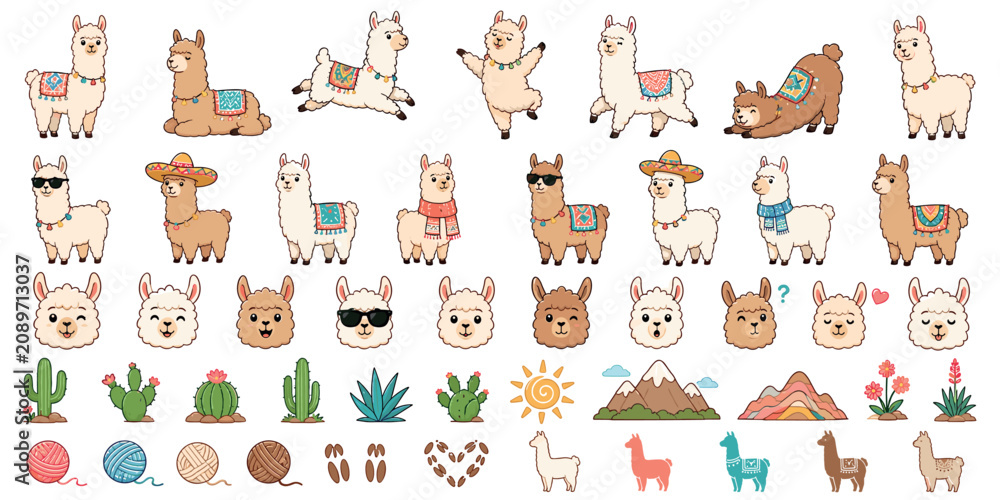 Fototapeta premium Large collection of cute cartoon llamas and alpacas in various poses with accessories like sombreros and sunglasses, plus related icons like cacti, mountains, and yarn