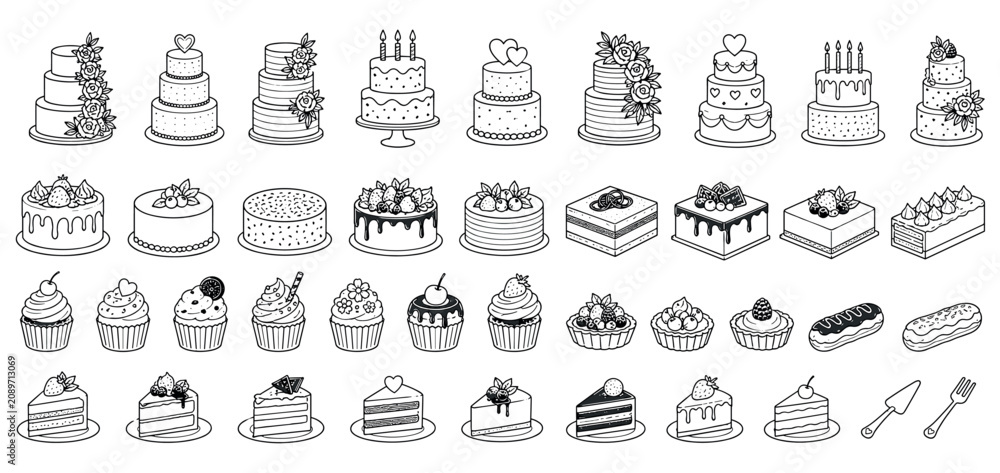 Fototapeta premium Large collection of hand-drawn dessert illustrations including cakes, cupcakes, pastries, and tarts in a clean black and white outline style for celebrations and menus