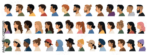 Large diverse collection of people's heads in profile view, featuring men and women of different ethnicities, hairstyles, and accessories in a modern flat vector illustration style